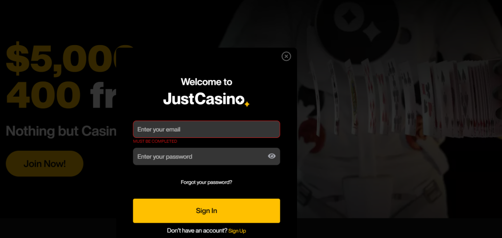 justcasino login form